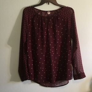 Old Navy Burgundy Printed Long Sleeve Blouse with White Dot Motif